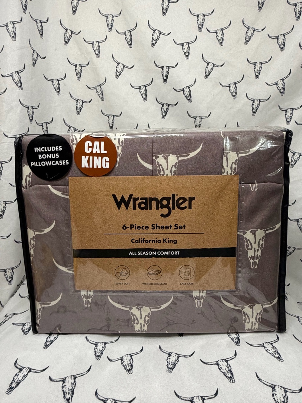 Wrangler California King 6-Piece Sheet Set — Taupe and Cream Skull Print